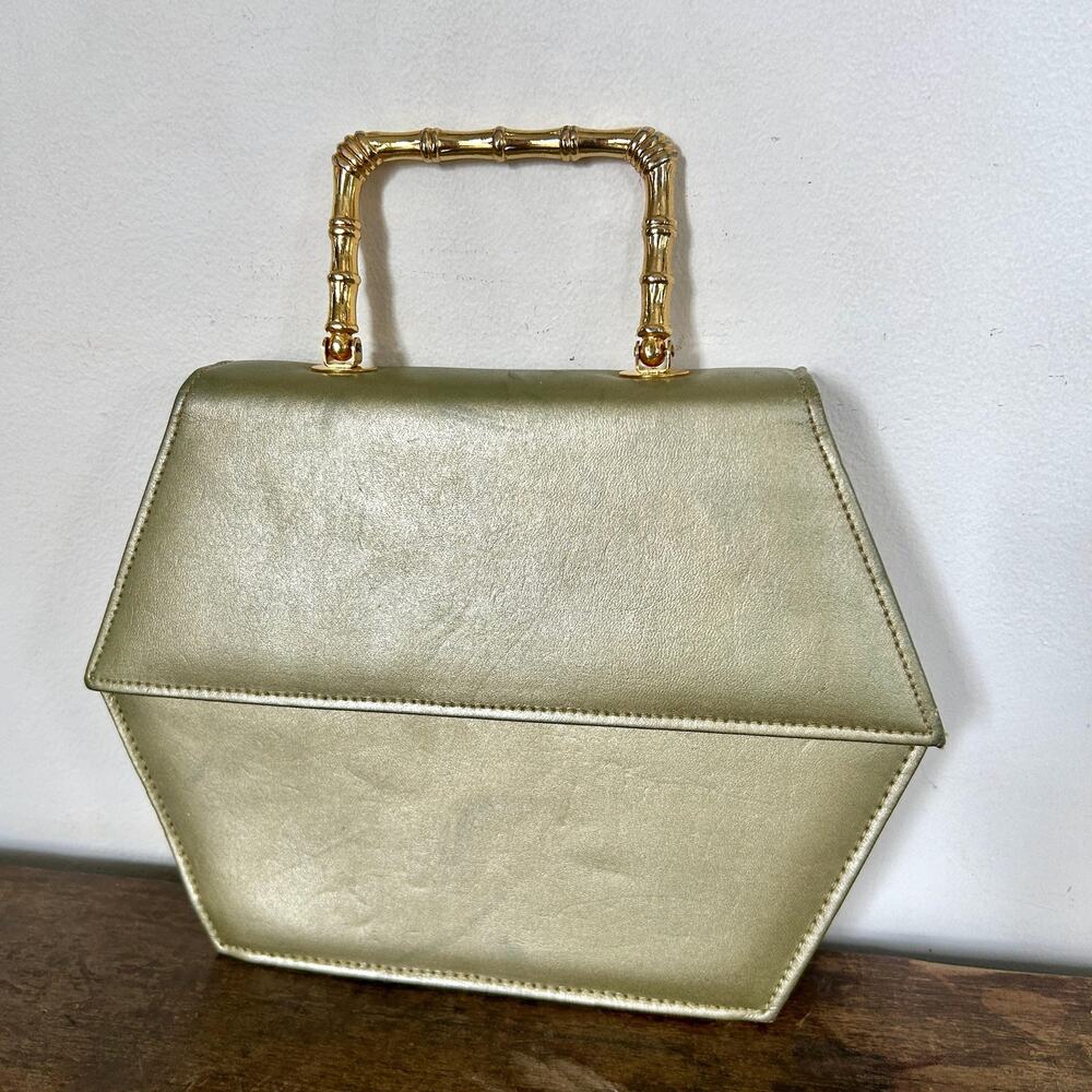 Gold Tone 70s Hexagon Evening Bag with Bamboo Handle | Vintage Accessories